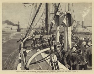 De oorlog in Egypte, de Grenadier Guards aan boord van de Batavia die het Suezkanaal binnenvaren, 20 augustus